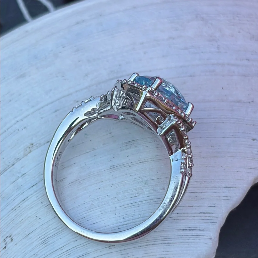4.11 tcw Blue Topaz & White Topaz Sterling Silver Cocktail Solitaire Ring Sz 7 - Picture 7 of 11